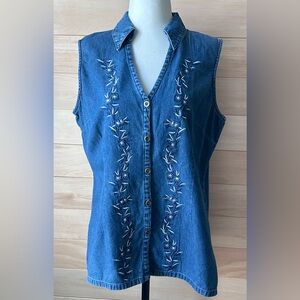 Uni mondo Size 14 Sleeveless button-down denim vest/top embroidery medium-wash